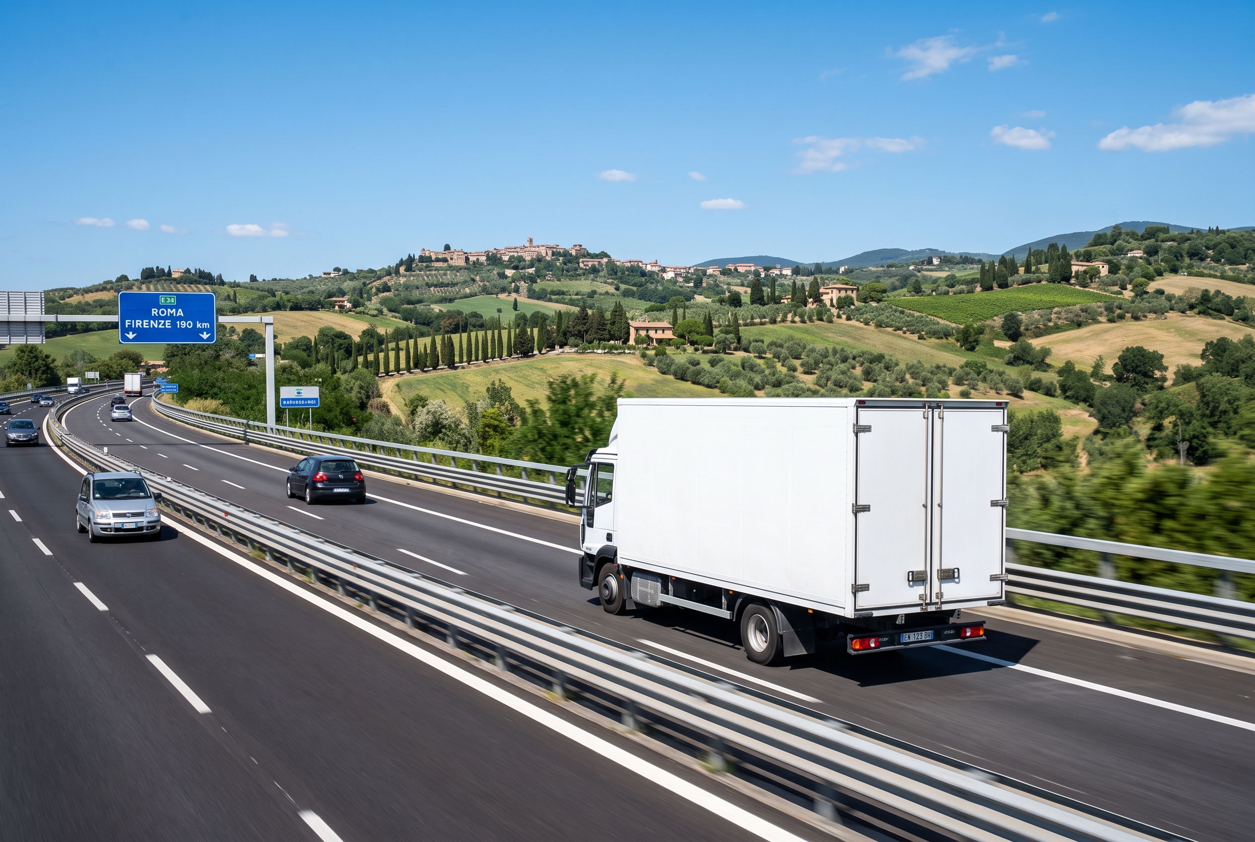 Camion da traslochi in viaggio in autostrada per un trasferimento da sud a nord