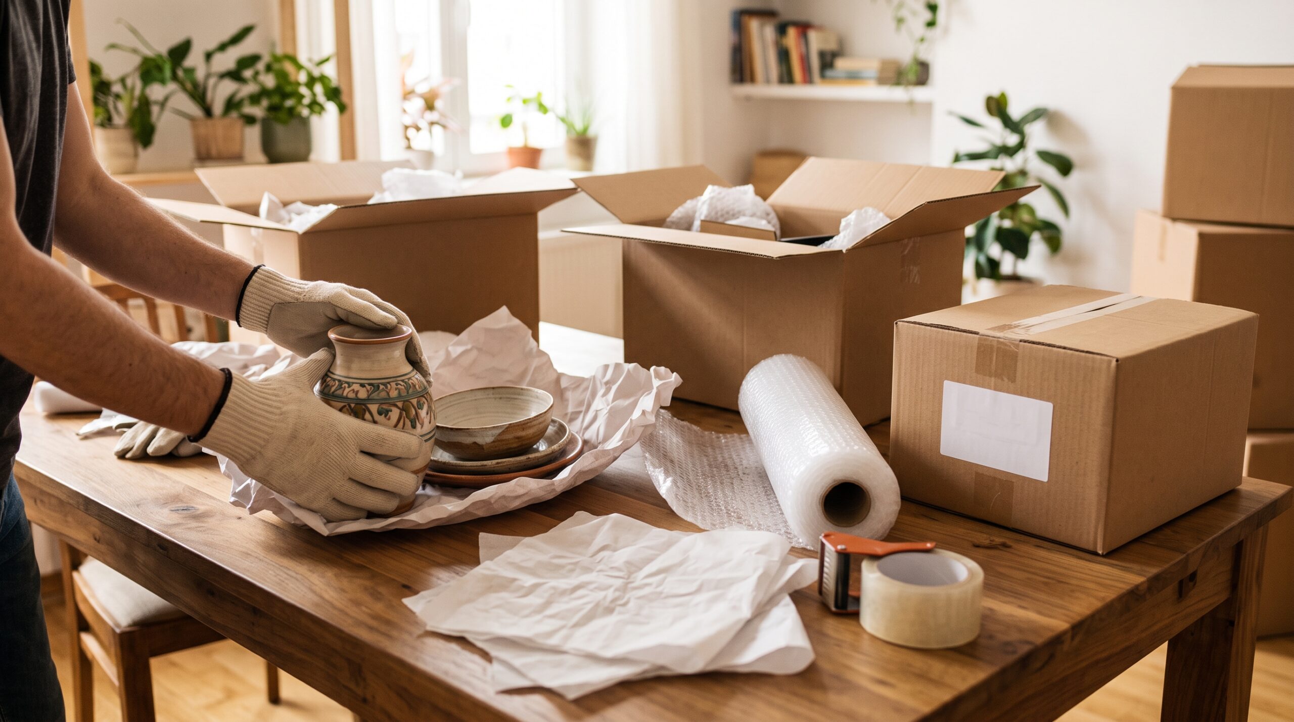 Imballaggio di oggetti fragili per la spedizione all'estero Mani che imballano ceramiche e piatti con carta e pluriball per una spedizione internazionale di effetti personali