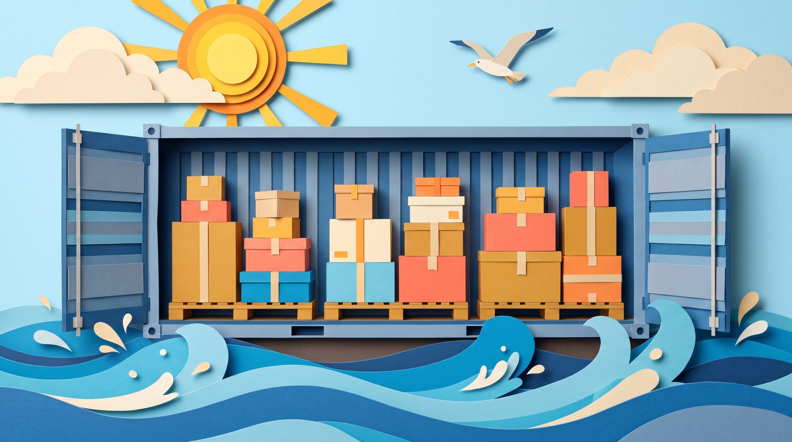 Groupage marittimo: un container condiviso per i tuoi effetti personali Collage di carta di un container condiviso con pacchi di più spedizioni, per il groupage marittimo di effetti personali