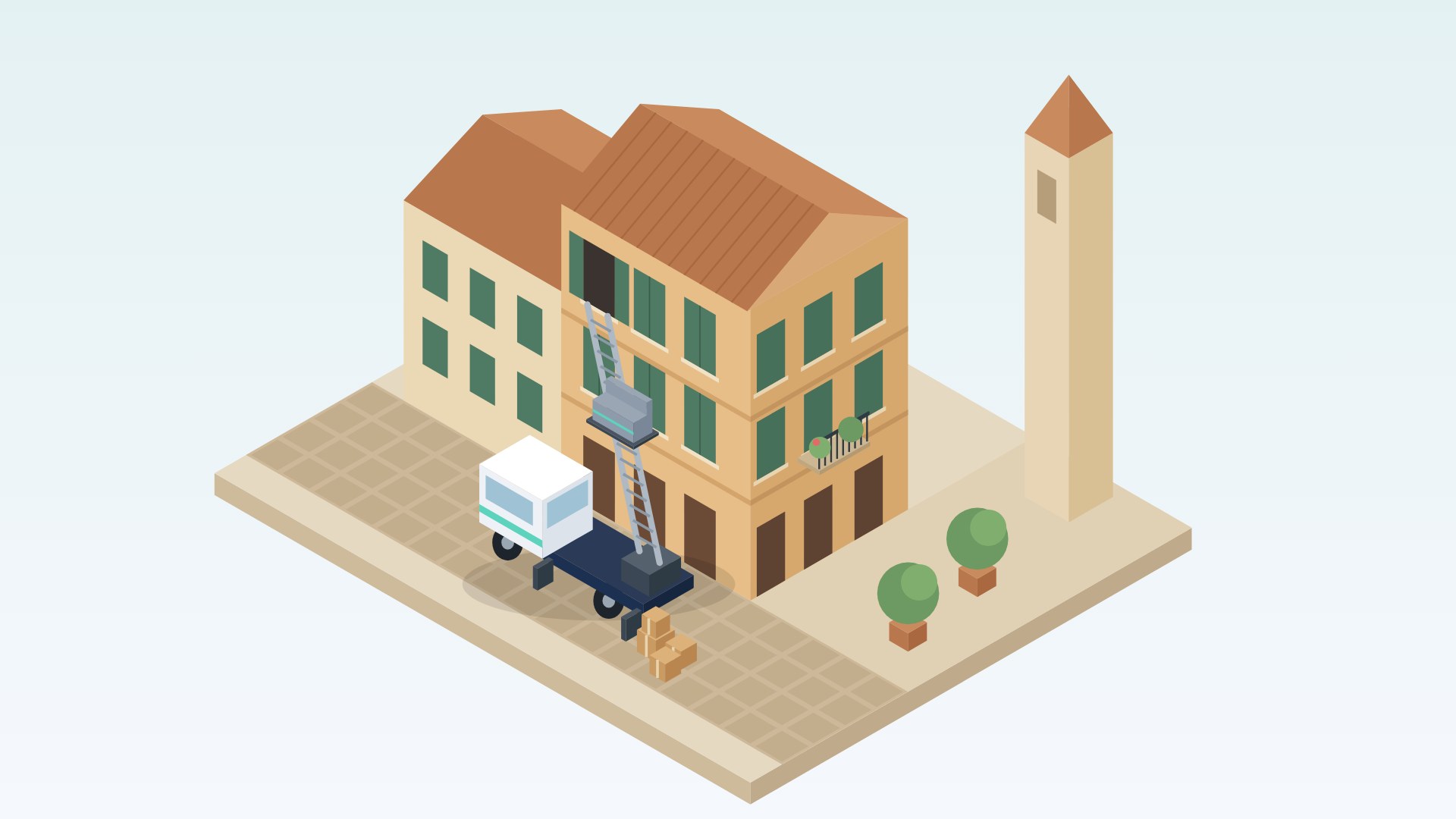 Illustrazione isometrica di un palazzo storico con mezzo e piattaforma elevatrice che porta un divano imballato alla finestra
