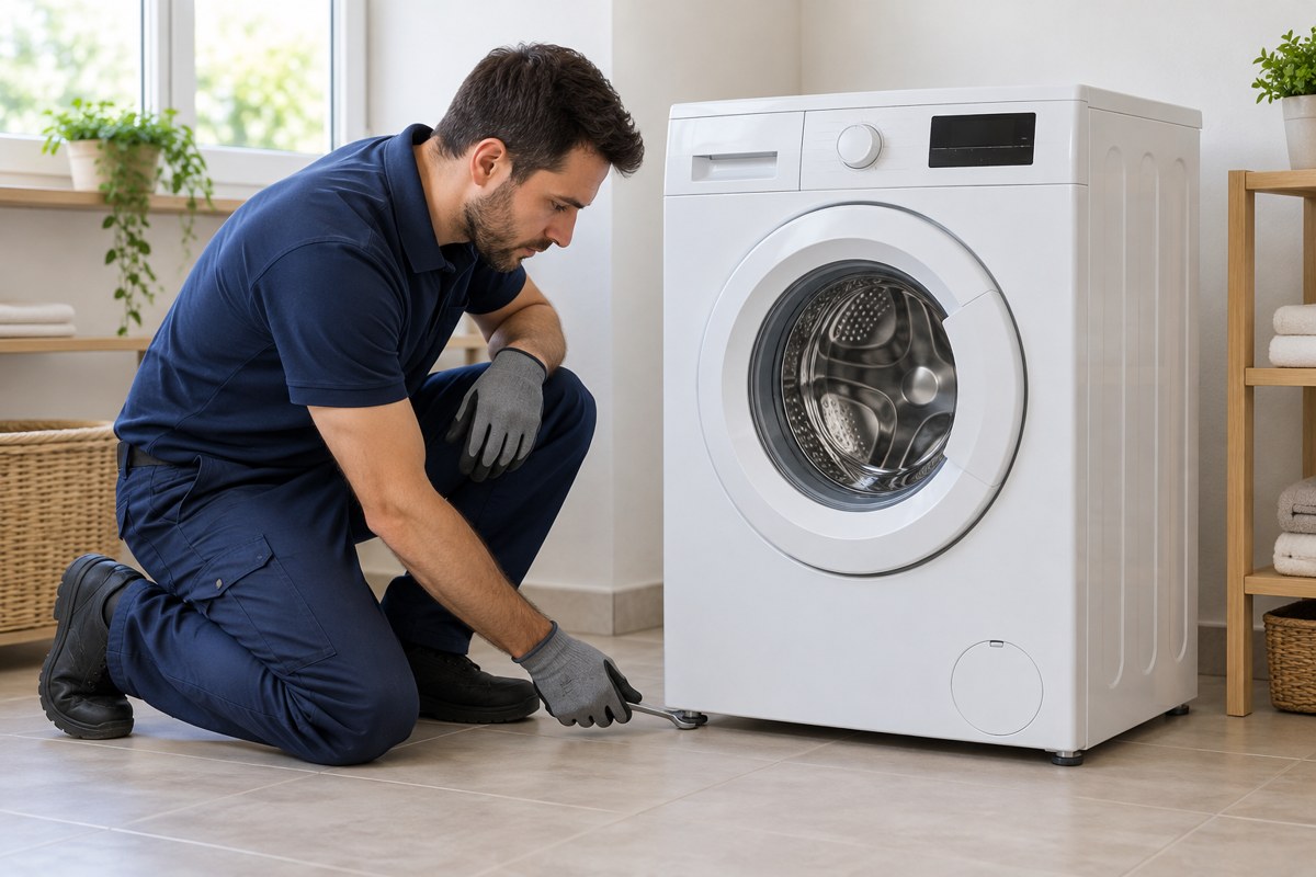 Tecnico che installa una lavatrice in casa – Lamezia Traslochi